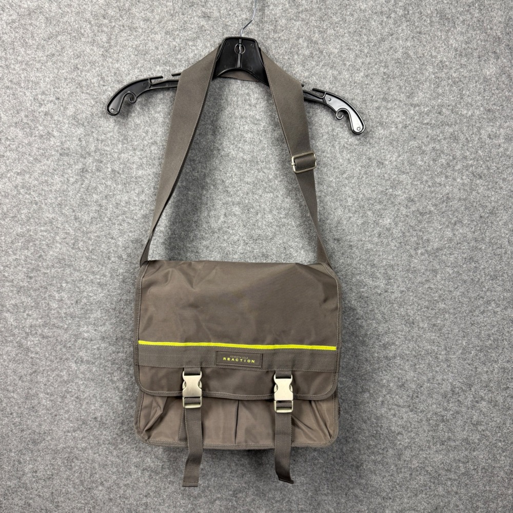 Kenneth Cole Reaction Messenger Bag Grey Neon Yellow Nylon Buckle Crossbody